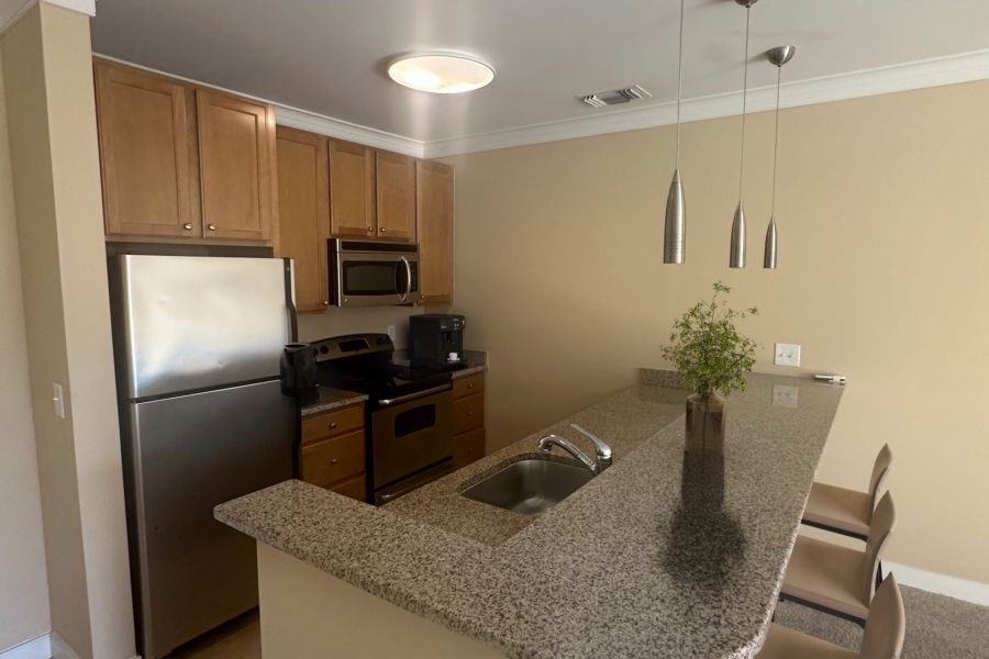 Attain Downtown East apartment homes with Modern kitchen with stainless steel appliances, granite island with sink, bar chairs, and pendant lights. A plant sits on the counter.
